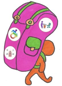 A drawing of a person carrying a backpack covered in badges representing their life's experiences. 