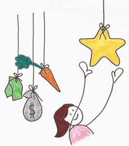 A person reaching for a star and turning their back on a carrot and money.